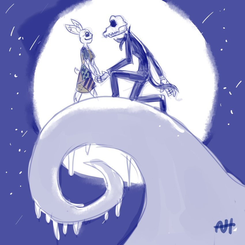 1:1 aleks_howes anthro beastars bone canid canine canis clothing duo female hand_holding haru_(beastars) hi_res ice kneeling lagomorph legoshi_(beastars) leporid male mammal moon nightmare_before_christmas patchwork_clothing rabbit skeleton sketch skull snow stitch_(disambiguation) suit wolf