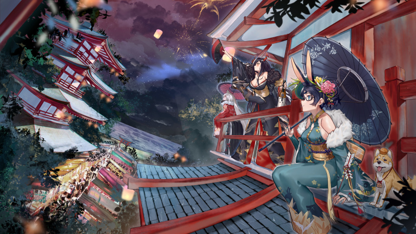 3girls absurdres animal_ears architecture azur_lane black_kimono blue_hair breasts bunny_ears east_asian_architecture falling_snow fan feather_trim fireworks flower friedrich_der_grosse_(azur_lane) friedrich_der_grosse_(dark_raiments_of_gagaku)_(azur_lane) fur-trimmed_kimono fur_trim green_eyes green_kimono hair_ears hair_flower hair_ornament hair_over_one_eye highres holding holding_fan horn_ornament horns hoshino_(illyasviel) japanese_clothes kimono large_breasts long_hair low_neckline mechanical_horns montpelier_(azur_lane) montpelier_(flower_in_the_snowy_night)_(azur_lane) multiple_girls new_year off-shoulder_kimono off_shoulder oriental_umbrella outdoors pink_flower red_eyes red_horns red_kimono sash semi-rimless_eyewear sideboob sitting sleeveless sleeveless_kimono souryuu_(azur_lane) souryuu_(crane_amongst_the_pines)_(azur_lane) umbrella very_long_sleeves welsh_corgi white_hair wide_sleeves yellow_eyes yellow_sash yukata
