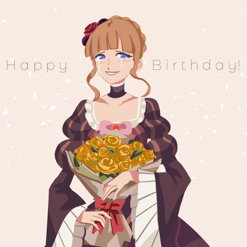 1girl beatrice_(umineko) blonde_hair bouquet bow braid braided_bun collarbone crying crying_with_eyes_open dress flower frilled_dress frills gativ0 hair_flower hair_ornament happy_birthday highres juliet_sleeves long_sleeves puffy_sleeves rose solo tears umineko_no_naku_koro_ni yellow_flower yellow_rose