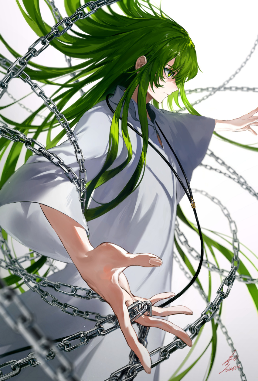 1boy chain closed_mouth enkidu_(fate/strange_fake) fate/strange_fake fate_(series) floating_hair foreshortening from_side green_eyes green_hair highres hoojiro long_hair long_sleeves male_focus outstretched_arms profile robe signature solo spread_arms standing very_long_hair white_robe wide_sleeves