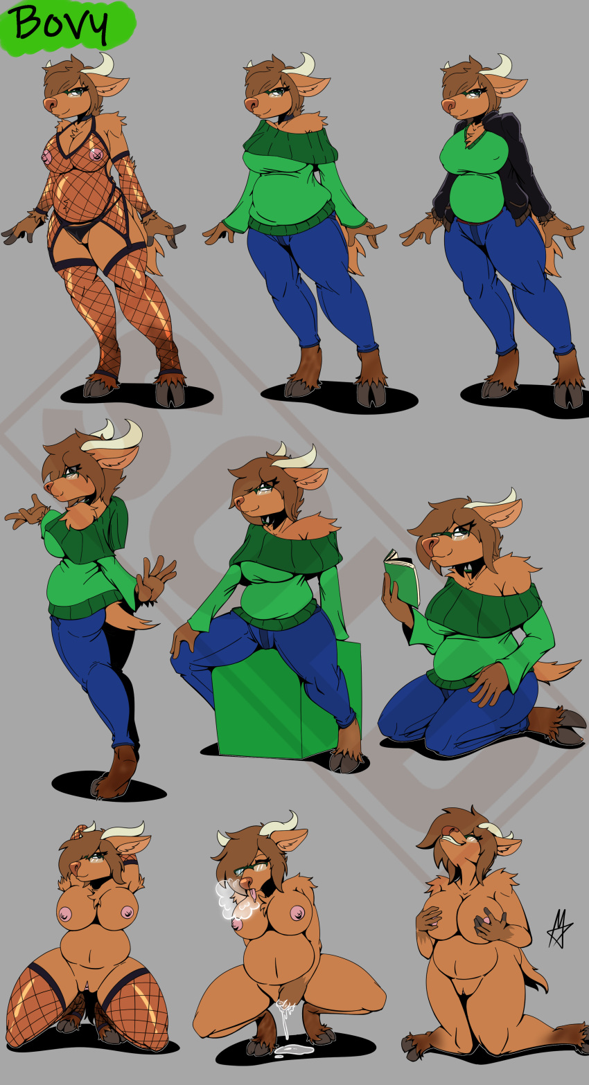 absurd_res anthro bovid bovine bovy cattle different_outfits ejaculation eyewear female fingering fishnet glasses hi_res mammal masterzoroark666 model_sheet multiple_poses nude orgasm outfits pose telegram vaginal vaginal_fingering