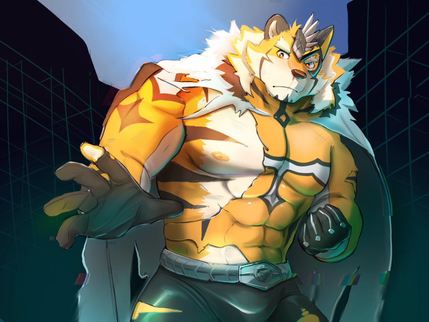 4:3 abs anthro battle_damage bulge cape clothing felid gloves handwear hi_res live-a-hero male mammal morningbread16 muscular muscular_anthro muscular_male nipples pantherine pecs raiki solo spandex superhero tiger tight_clothing torn_clothing