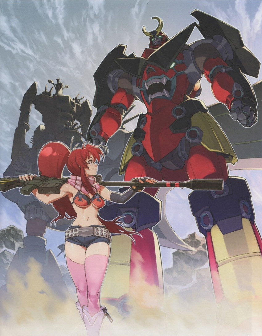 belt boots bra breasts dai-gurren gainax gun gurren-lagann highres large_breasts long_hair mecha official_art ponytail red_hair rifle scan sky smoke sniper_rifle tengen_toppa_gurren_lagann thick_thighs thighs underwear weapon yoko_littner