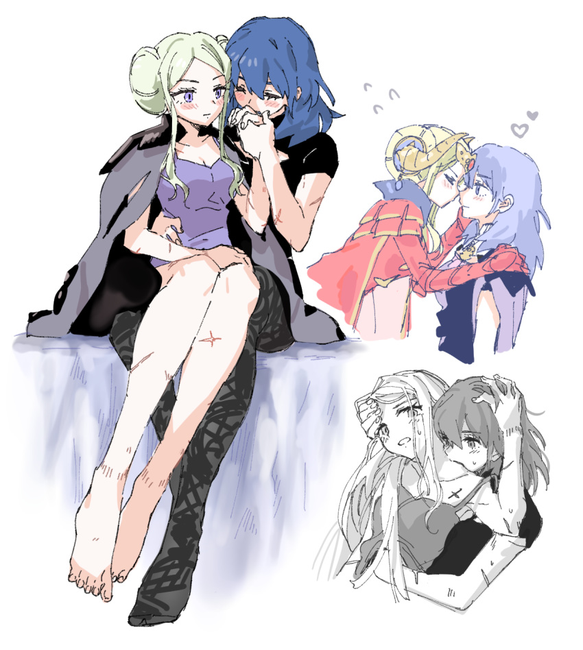 2girls ankea_(a-ramo-do) barefoot blue_hair blush byleth_(fire_emblem) byleth_(fire_emblem)_(female) closed_eyes edelgard_von_hresvelg facing_another fire_emblem fire_emblem:_three_houses flying_sweatdrops hand_kiss hand_on_another's_head heart highres imminent_kiss kiss long_hair looking_at_another multiple_girls multiple_views partially_colored purple_eyes scar short_sleeves sitting sitting_on_person sweat toes white_hair yuri