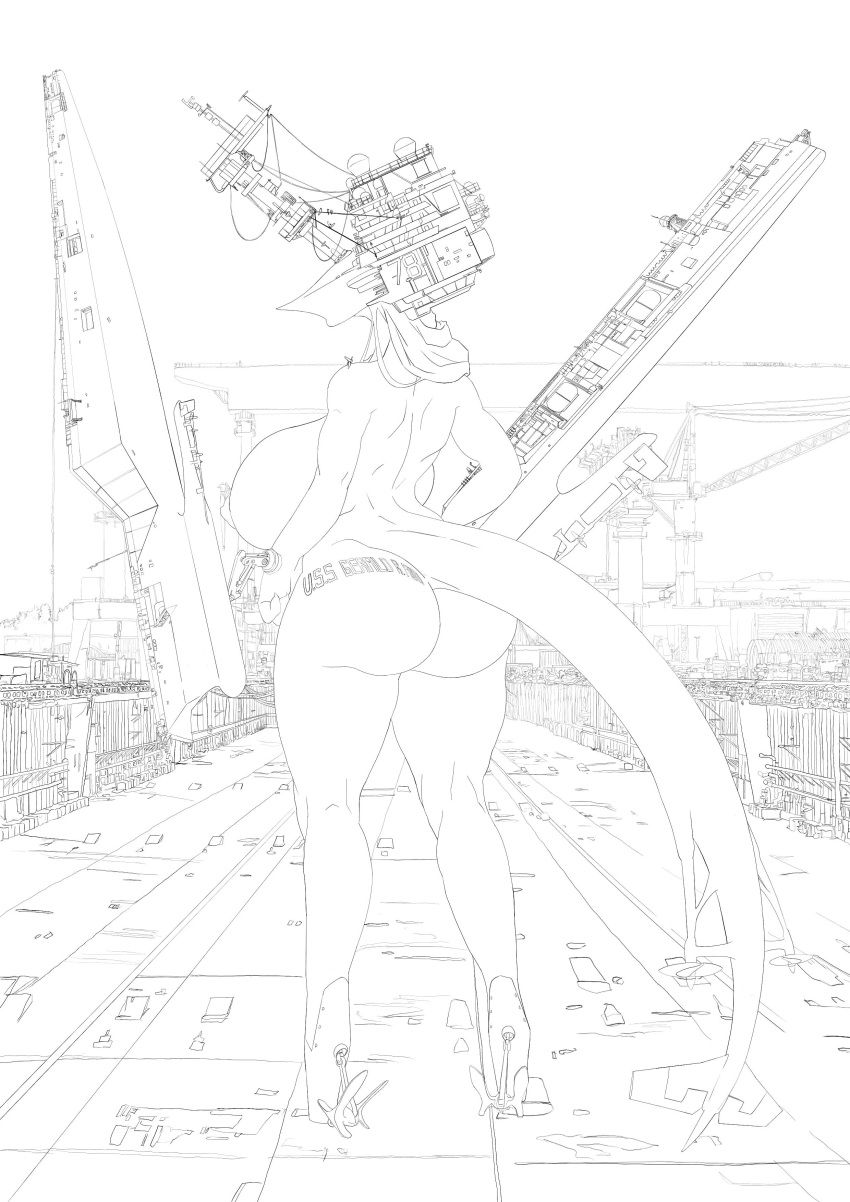 absurd_res aircraft_carrier anthro big_breasts big_butt black_and_white breasts butt ddragoonrangoon faceless_character faceless_female female gerald_r._ford hi_res large_female living_machine living_vehicle machine macro monochrome plantigrade ship solo tattoo thick_thighs vehicle watercraft