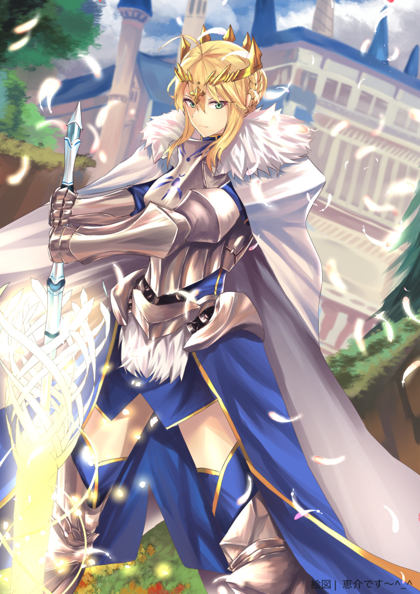 1girl ahoge armor armored_dress artoria_pendragon_(all) artoria_pendragon_(lancer) braid cape capelet crown_braid dutch_angle fate/grand_order fate_(series) feathers french_braid grass hair_between_eyes highres keisuke_desu~ looking_at_viewer planted_weapon rhongomyniad saber solo spread_legs thighhighs thighs weapon white_capelet