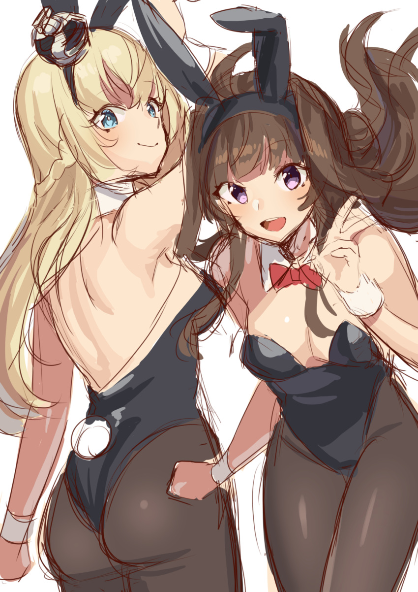 2girls ahoge alternate_costume animal_ears black_legwear blonde_hair blue_eyes bow bowtie braid breasts brown_hair bunny_ears bunny_tail cleavage cowboy_shot detached_collar double_bun dress french_braid highres kantai_collection kongou_(kantai_collection) leotard long_hair looking_at_viewer mizuki_eiru_(akagi_kurage) multiple_girls off-shoulder_dress off_shoulder pantyhose playboy_bunny purple_eyes red_neckwear simple_background smile strapless strapless_leotard tail warspite_(kantai_collection) white_background work_in_progress wrist_cuffs