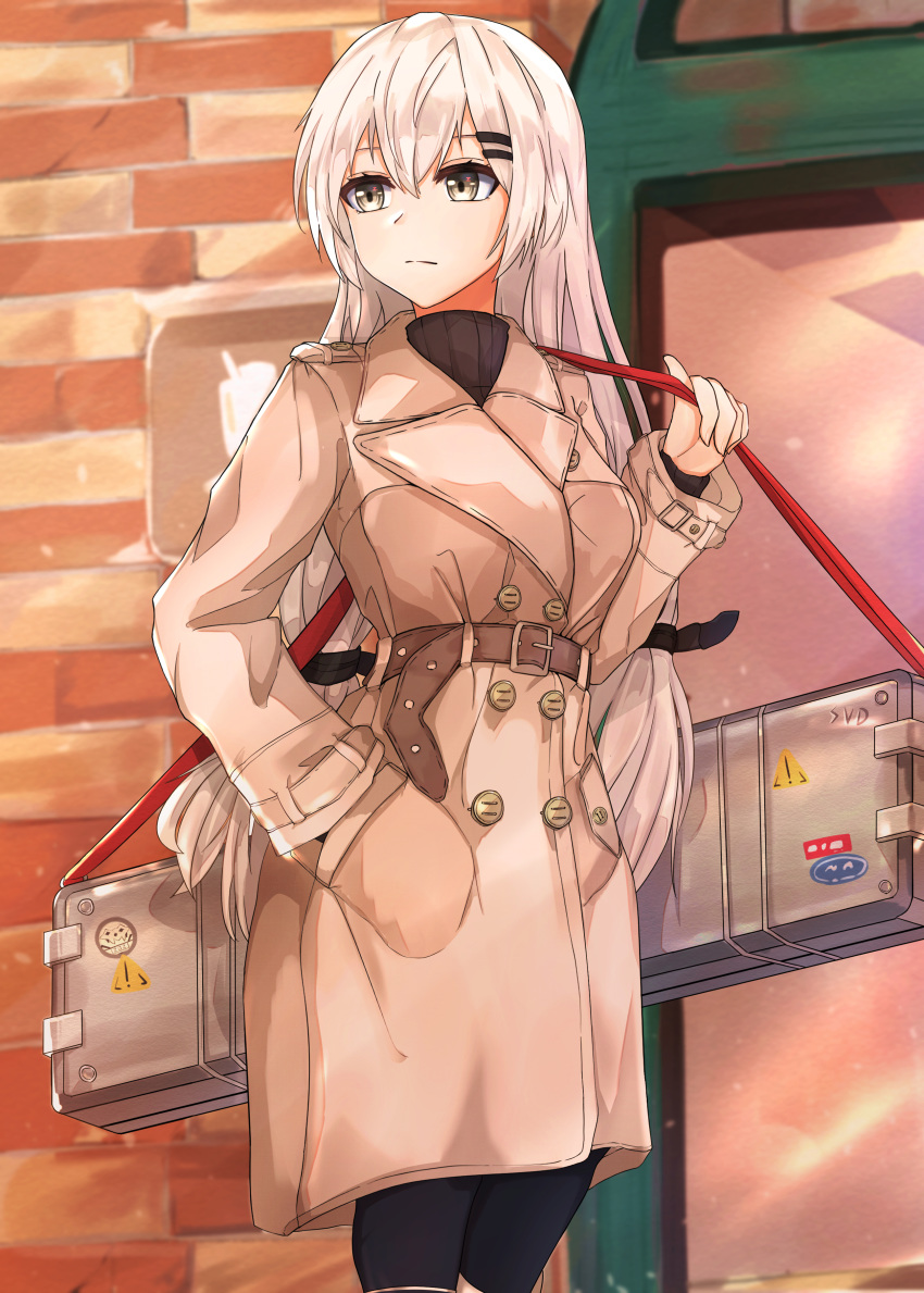 1girl absurdres barrette black_legwear black_sweater brown_coat city closed_mouth coat eyebrows_visible_through_hair girls_frontline grey_eyes hand_in_pocket highres holding_case long_hair looking_away muteppona_hito pantyhose silver_hair solo standing svd_(girls_frontline) sweater turtleneck weapon_case