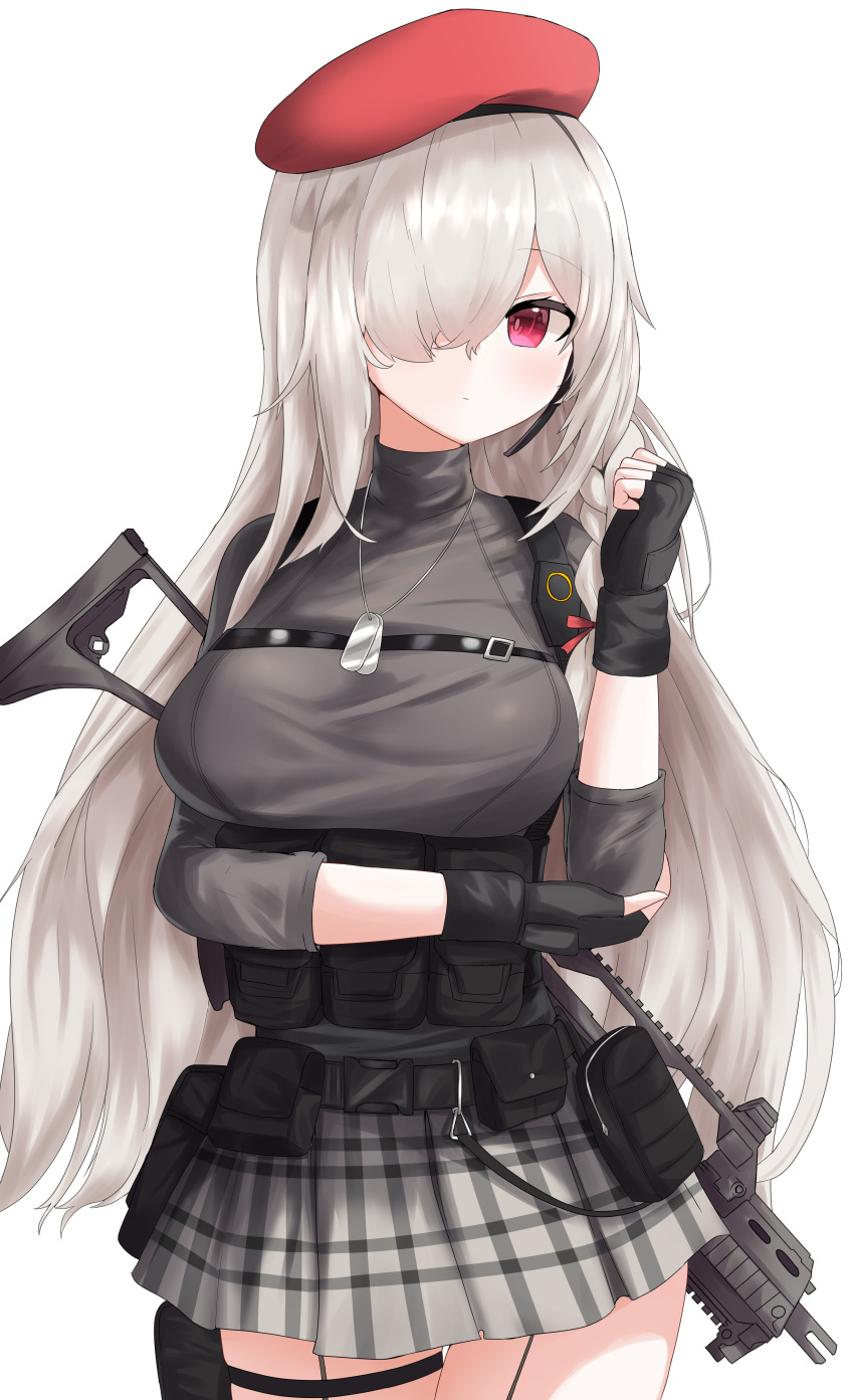 1girl absurdres assault_rifle beret black_gloves checkered checkered_skirt closed_mouth crossed_arms eyebrows_visible_through_hair fingerless_gloves g36c_(girls_frontline) girls_frontline gloves grey_shirt gun h&amp;k_g36 hair_between_eyes hair_over_eyes hand_up hat headphones highres holster long_hair looking_at_viewer min1910 purple_eyes rifle shirt silver_hair skirt solo standing turtleneck weapon weapon_on_back white_background