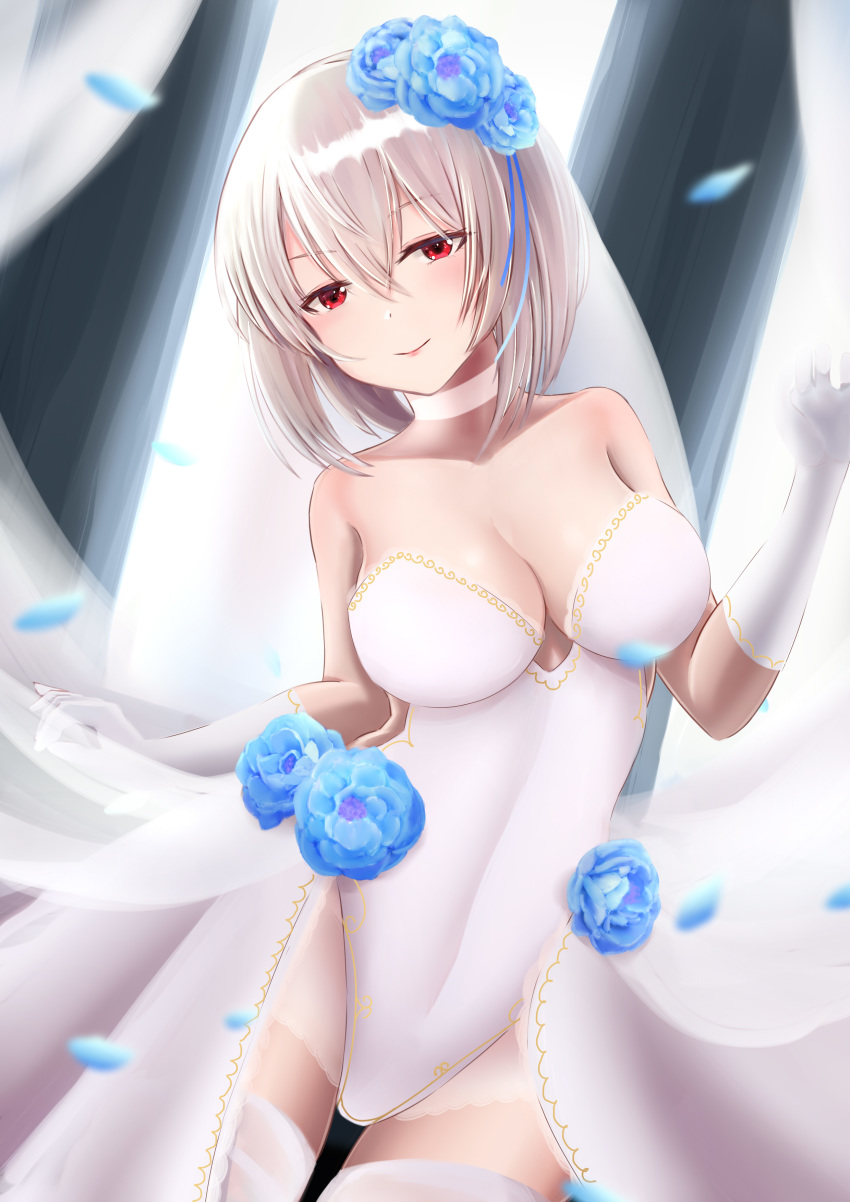 1girl absurdres azur_lane bare_shoulders blue_flower blue_rose blush breasts choker cleavage collarbone commentary_request dress dress_flower flower gloves hair_between_eyes hair_flower hair_ornament head_tilt highres long_hair looking_at_viewer petals red_eyes rose short_hair silver_hair sirius_(azur_lane) sleeveless sleeveless_dress smile solo strapless strapless_dress thighhighs ushi_uta wedding_dress white_choker white_dress white_gloves white_legwear