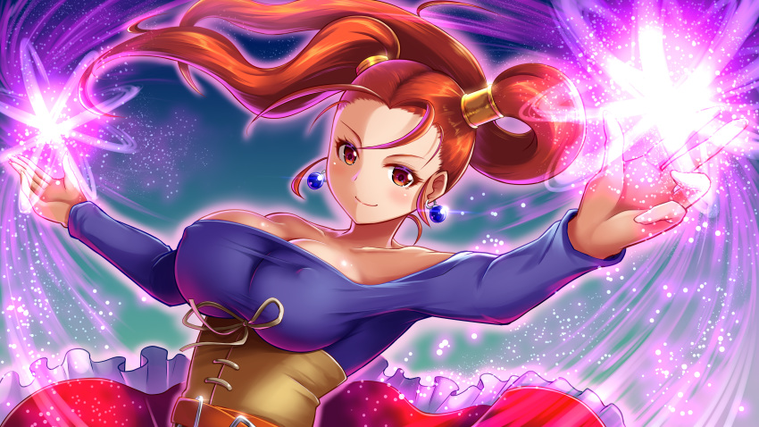 1girl absurdres breasts covered_nipples dragon_quest dragon_quest_viii earrings highres jessica_albert jewelry large_breasts purple_shirt red_eyes red_hair shiny shirt simple_background smile solo twintails yuki_mizore