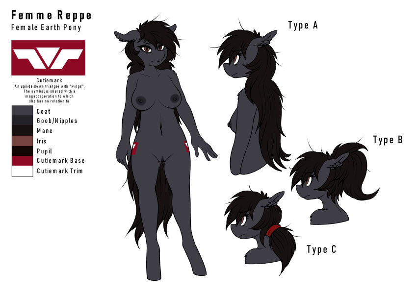 areola breasts brown_eyes brown_hair dialogue english_text equid equine female hair hasbro hi_res horse long_hair mammal model_sheet my_little_pony nipples pony ponytail replica_(artist) replica_(oc) simple_background text white_background