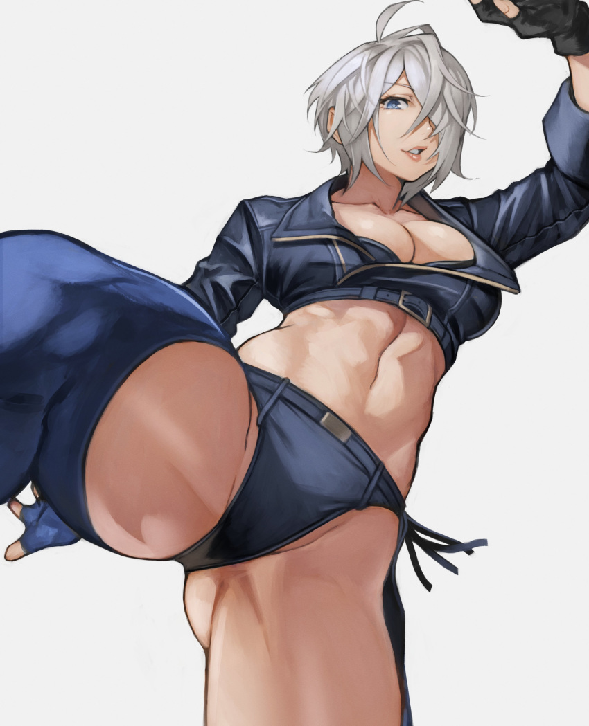 1girl absurdres angel_(kof) bangs black_gloves black_jacket blue_eyes boots breasts chaps cleavage cropped_jacket fingerless_gloves gloves gradient gradient_background hair_over_one_eye highres jacket kicking large_breasts looking_at_viewer midriff short_hair silver_hair smile solo the_king_of_fighters thighs yoshio_(55level)