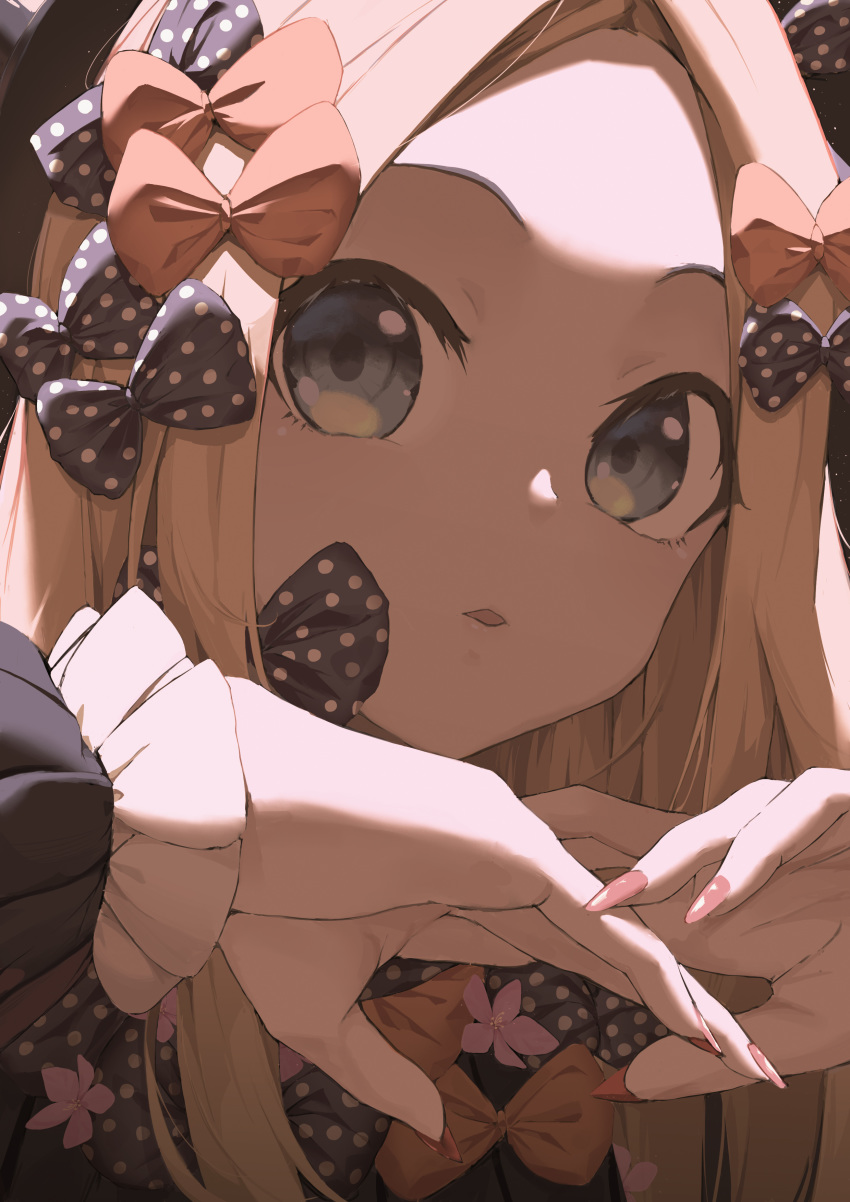 1girl abigail_williams_(fate/grand_order) absurdres bangs black_bow blonde_hair blue_eyes bow commentary_request dress fate_(series) fingernails hair_bow highres long_fingernails long_hair looking_at_viewer multiple_hair_bows nail_polish open_mouth orange_bow panties parted_bangs pink_nails polka_dot polka_dot_bow polka_dot_dress polka_dot_panties sepia solo starlan underwear