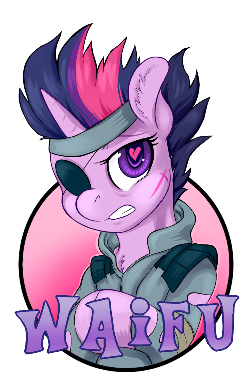 &lt;3 &lt;3_eyes clenched_teeth clothing equid equine eye_patch eyewear face_scar facial_scar female friendship_is_magic hair hasbro hi_res hobbes_maxwell horn konami mammal metal_gear multicolored_hair my_little_pony purple_eyes purple_hair scar solid_snake solo teeth twilight_sparkle_(mlp) unicorn video_games waifu