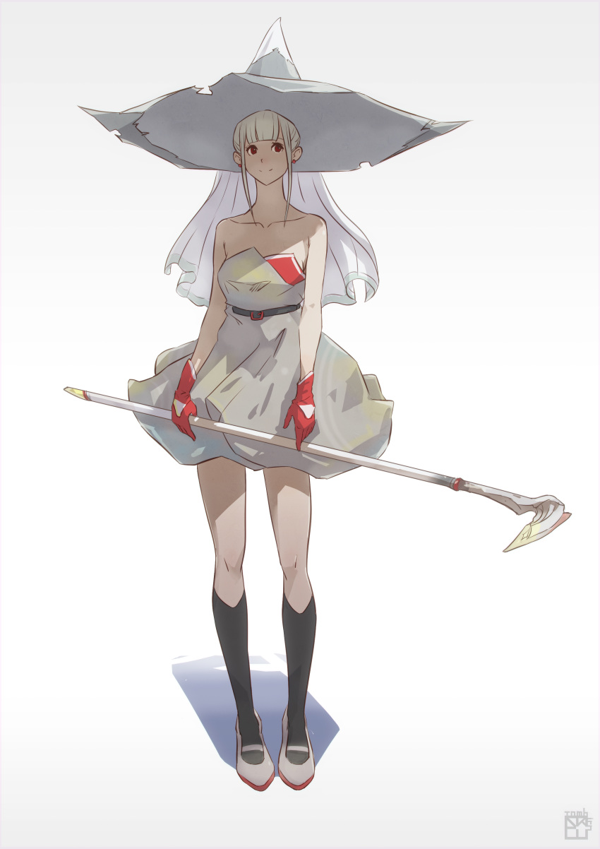 1girl absurdres bangs bare_shoulders belt black_legwear blunt_bangs dress earrings gloves hat highres holding holding_staff jewelry okuto original red_eyes short_hair_with_long_locks smile socks solo staff standing strapless strapless_dress white_background white_hair witch_hat