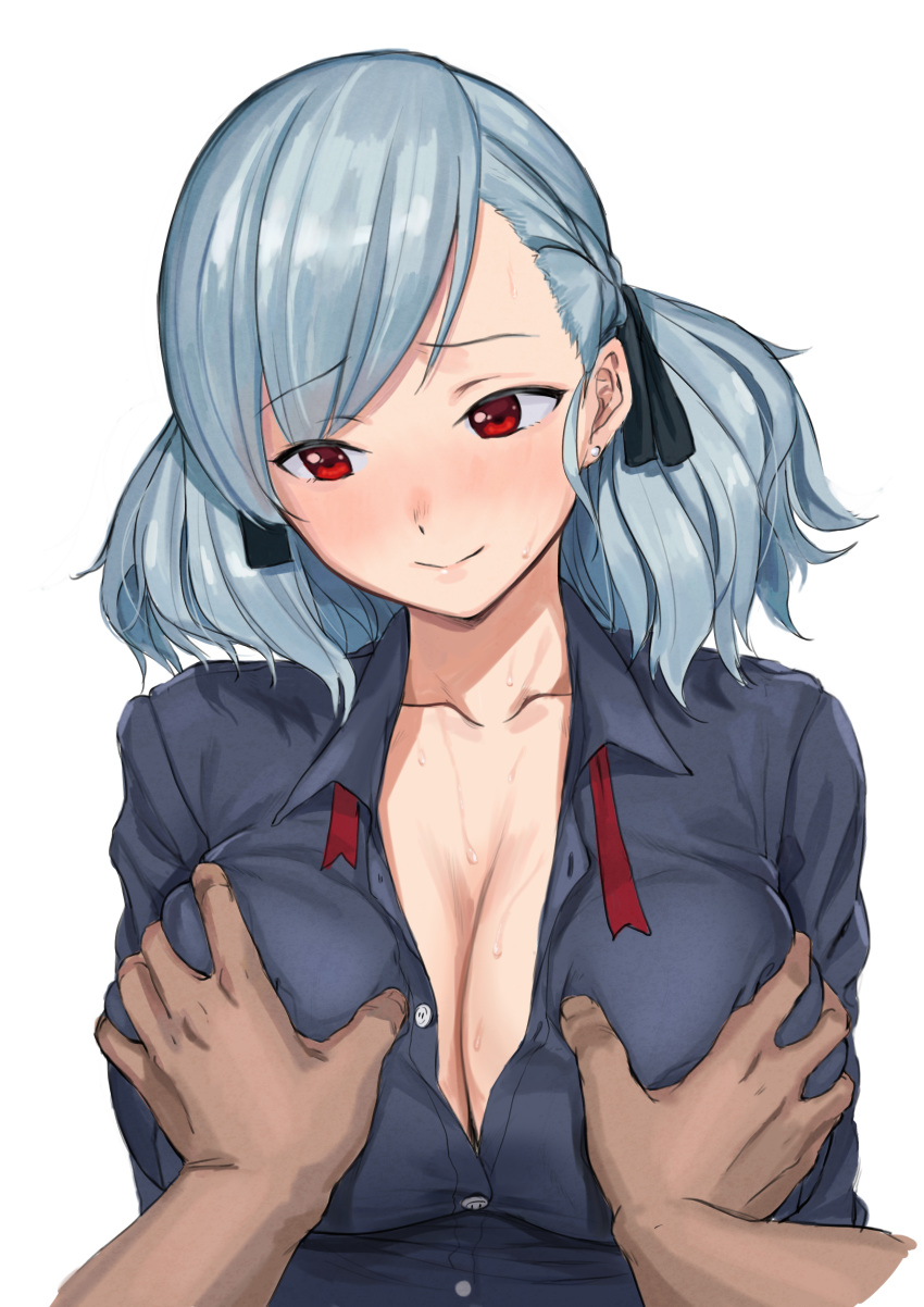 1girl absurdres blue_hair blue_shirt blush breast_hold breasts cleavage closed_mouth collarbone ear_piercing eyebrows_visible_through_hair girls_frontline hair_ornament hair_ribbon highres kuro_(zhurunbo1997) long_hair looking_down medium_breasts piercing red_eyes ribbon shirt smile solo spas-12_(girls_frontline) white_background