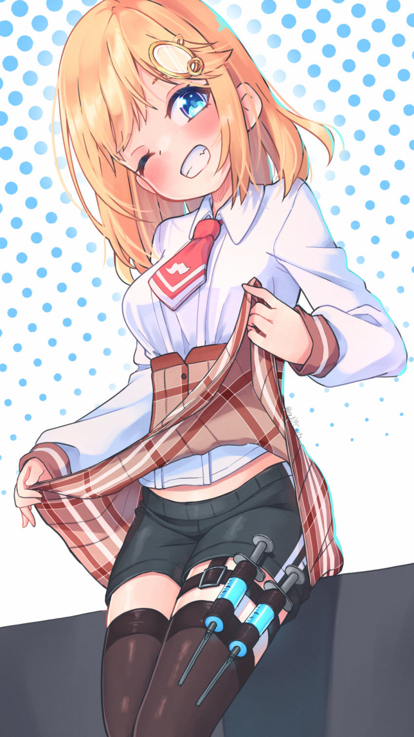 1girl artist_apprentice bangs black_legwear blonde_hair blue_eyes blush brown_skirt collared_shirt commentary english_commentary grin hair_ornament head_tilt highres hololive hololive_english holster lifted_by_self long_sleeves looking_at_viewer necktie one_eye_closed plaid plaid_skirt red_neckwear shirt shorts shorts_under_skirt sidelocks skirt skirt_lift smile solo standing syringe syringe_holster teeth thigh_holster thighhighs virtual_youtuber watson_amelia white_shirt