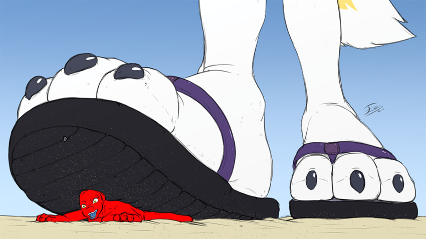 2020 3_toes anthro black_claws black_sandals claws clothing digimon digimon_(species) duo evil-sprite female flat_colors flip_flops foot_focus foot_shot footwear gradient_background imminent_death legendary_pok&eacute;mon low-angle_view male mewtwo nintendo pinned pok&eacute;mon pok&eacute;mon_(species) red_body renamon sand sandals simple_background taorena_(evil-sprite) toes underfoot video_games white_body