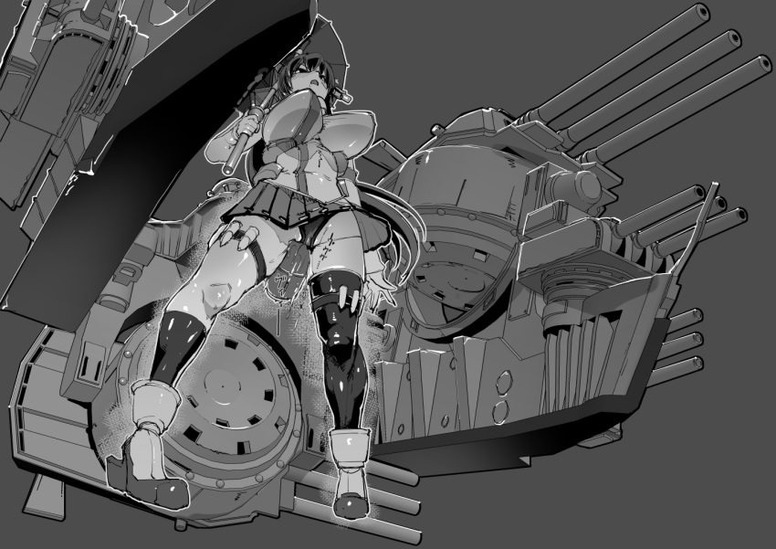 1girl asymmetrical_legwear bangs breasts detached_sleeves from_below grey_background greyscale holding holding_umbrella kantai_collection large_breasts legs_apart long_hair long_sleeves monochrome object_insertion open_mouth oriental_umbrella outline panties pigeon-toed pleated_skirt rigging saliva simple_background skirt solo standing turret ueno_petarou umbrella underwear upskirt white_outline yamato_(kantai_collection)
