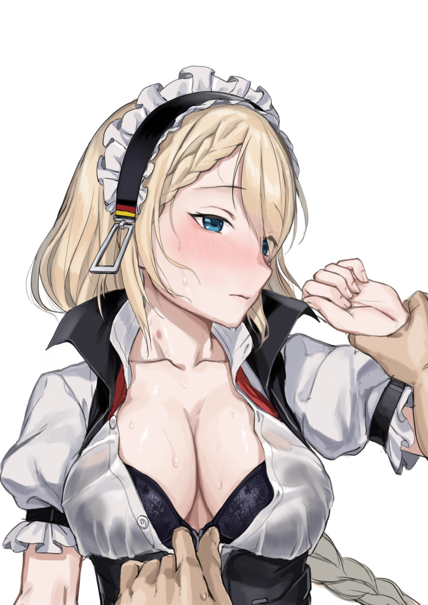 1girl absurdres black_bra blonde_hair blue_eyes blush bra braid breasts cleavage closed_mouth collarbone eyebrows_visible_through_hair french_braid g36_(girls_frontline) girls_frontline highres holding holding_arm holding_bra holding_clothes holding_underwear kuro_(zhurunbo1997) long_hair looking_at_viewer maid_headdress medium_breasts open_clothes open_shirt shirt solo sweat underwear wet wet_clothes wet_shirt white_background white_shirt