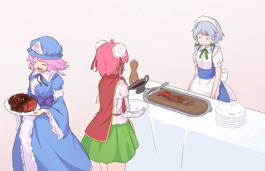 3girls :d ahoge apron bandaged_arm bandages blue_bow blue_eyes blue_headwear blue_kimono blue_neckwear blue_ribbon blue_sash bow braid bun_cover chinese_clothes closed_eyes constricted_pupils cutting cutting_board double_bun food frilled_apron frilled_kimono frills from_above green_bow green_neckwear green_ribbon green_skirt green_skrit hair_bow hair_ribbon happy hat highres holding holding_plate ibaraki_kasen izayoi_sakuya japanese_clothes kanpa_(campagne_9) kimono kitchen_knife knife long_sleeves maid maid_headdress meat mob_cap multiple_girls neck_ribbon obi open_mouth pepper pink_hair plate puffy_short_sleeves puffy_sleeves red_ribbon red_tabard ribbon saigyouji_yuyuko sash shirt short_hair short_sleeves skirt smile soy_sauce surprised table touhou triangular_headpiece twin_braids waist_apron white_shirt wide_sleeves