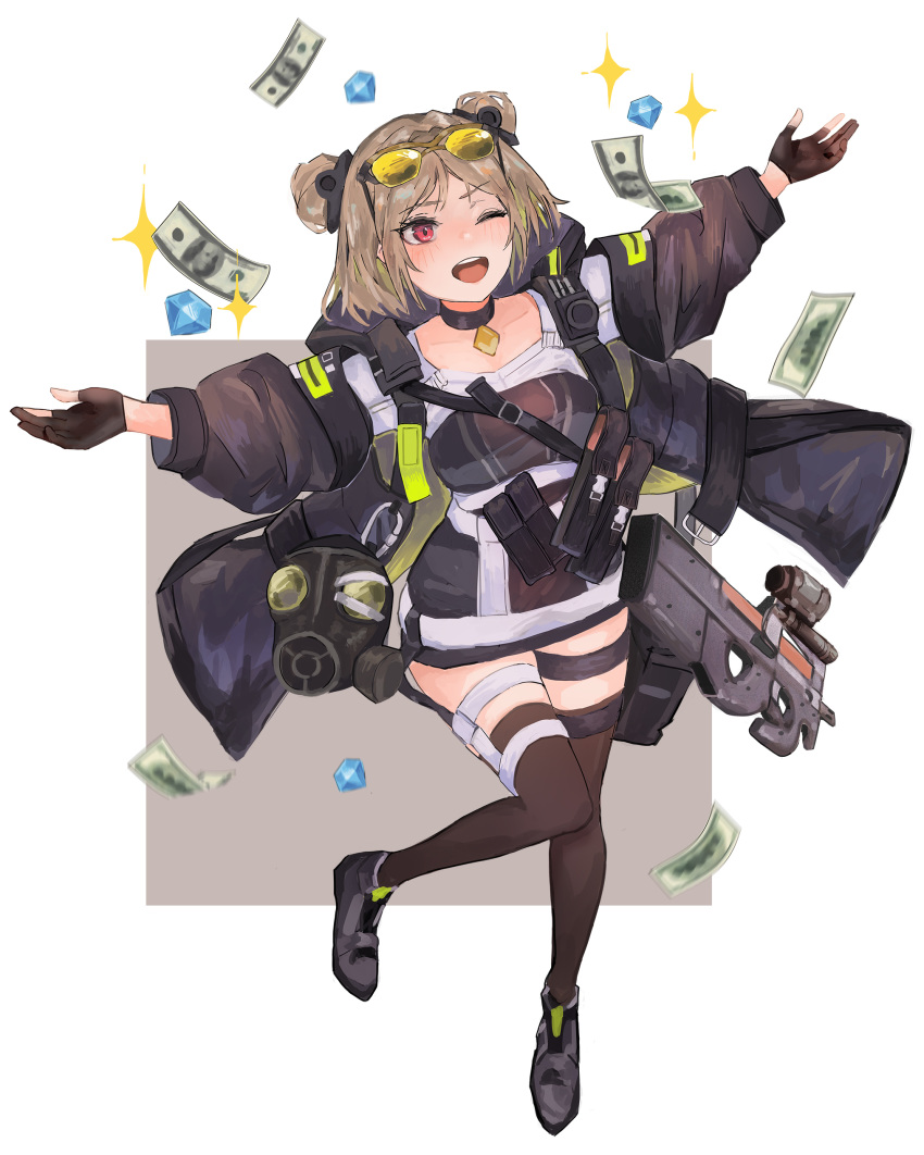 1girl absurdres bangs blurry blush border brown_coat brown_dress brown_gloves brown_legwear bullpup choker coat collarbone commentary crystal diamond_(gemstone) dollar_bill double_bun dress falling_money fingerless_gloves floating_clothes gas_mask girls_frontline gloves grey_background grey_footwear gun hands highres jewelry jumping knees_together_feet_apart money one_eye_closed open_clothes open_coat open_mouth optical_sight outstretched_arms p90 p90_(girls_frontline) parted_bangs pendant pouch red_eyes reraise shoes short_dress short_hair simple_background smile solo sparkle standing standing_on_one_leg strap submachine_gun sunglasses teeth thigh_strap thighhighs two-tone_background weapon white_background white_border yellow-tinted_eyewear