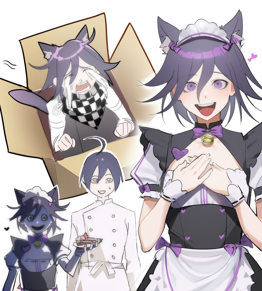 absurd_res ahoge animal_humanoid blue_hair bodily_fluids box cake cat_humanoid clothed clothing colored creepy crying danganronpa danganronpa_v3 dessert felid felid_humanoid feline feline_humanoid food girly hair hi_res human humanoid kokichi_ouma maid_uniform male mammal mammal_humanoid purple_eyes purple_hair sad scarf shuichi_saihara simple_background smile tears uniform uriyana_yuku white_background