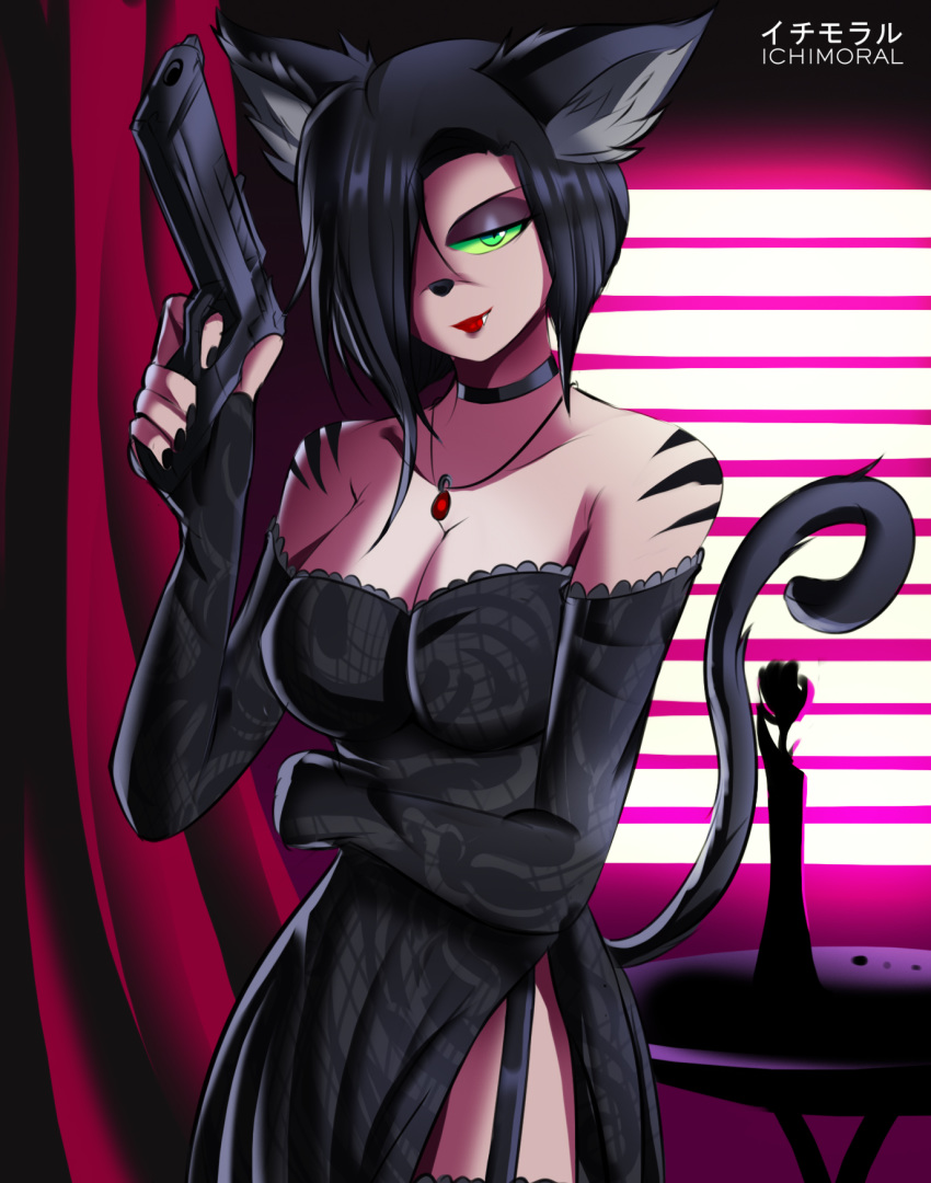 anthro breasts clothed clothing digital_media_(artwork) domestic_cat dress felid feline felis female gun hair hi_res holding_gun holding_object holding_weapon ichimoral jewelry lips mammal moira necklace ranged_weapon solo weapon