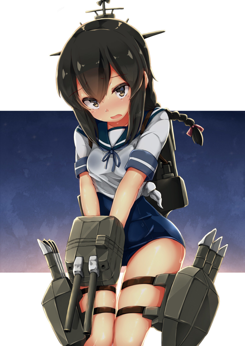 1girl adapted_costume black_eyes black_hair blue_sailor_collar blue_skirt blue_swimsuit blush braid breasts brown_eyes cannon embarrassed gradient gradient_background hair_between_eyes highres isonami_(kantai_collection) kantai_collection long_hair machinery neckerchief one-piece_swimsuit open_mouth pleated_skirt rigging sailor_collar school_swimsuit school_uniform serafuku short_sleeves sidelocks skirt small_breasts smokestack solo swimsuit swimsuit_under_clothes torpedo torpedo_tubes turret unomi white_background