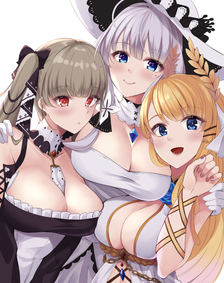 3girls :d absurdres ahoge azur_lane bangs bare_shoulders between_breasts black_dress blonde_hair blue_eyes blue_flower blue_rose blunt_bangs blush breasts brown_nails center_opening choker cleavage collarbone commentary dress elbow_gloves eyebrows_visible_through_hair flower flower_ornament formidable_(azur_lane) frilled_dress frills gloves gold_trim grey_hair hair_ornament hair_ribbon halterneck hand_up hands_on_another's_shoulders hat highres illustrious_(azur_lane) lace-trimmed_headwear lace_trim large_breasts laurel_crown long_hair looking_at_viewer mole mole_under_eye multiple_girls neckwear_between_breasts open_mouth parted_lips red_eyes ribbon rose sapphire_(gemstone) sidelocks simple_background sitting sleeveless sleeveless_dress smile strapless strapless_dress sun_hat taut_clothes taut_dress tress_ribbon twintails two-tone_dress two-tone_ribbon upper_body very_long_hair victorious_(azur_lane) wee_(weeyy) white_background white_choker white_dress white_gloves white_hair white_headwear wrist_ribbon