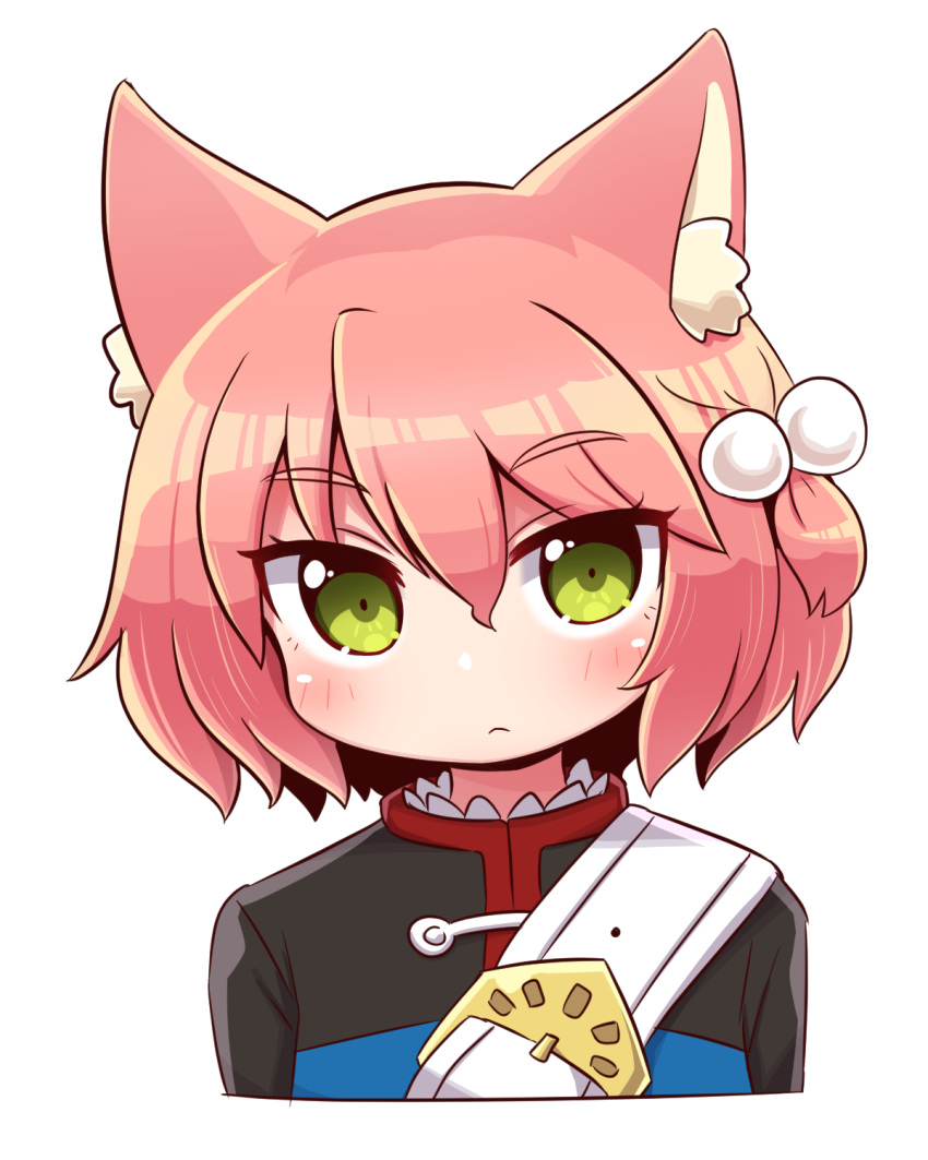 1girl 7th_dragon 7th_dragon_(series) animal_ear_fluff animal_ears bangs belt belt_buckle blue_jacket blush buckle cat_ears closed_mouth commentary_request cropped_torso eyebrows_visible_through_hair green_eyes hair_between_eyes hair_bobbles hair_ornament harukara_(7th_dragon) highres jacket looking_at_viewer naga_u one_side_up pink_hair simple_background solo upper_body white_background white_belt