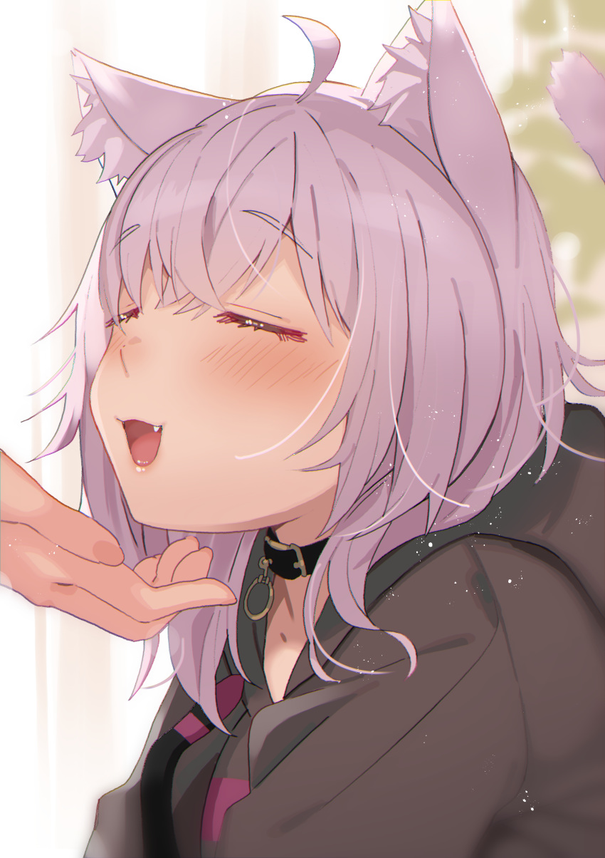 1girl absurdres ahoge animal_ear_fluff animal_ears bangs black_choker black_hoodie blush cat_ears cat_tail chin_tickle choker closed_eyes commentary_request eyebrows_visible_through_hair fang highres hololive hood hoodie nekomata_okayu open_mouth purple_hair short_hair sidelocks smile solo_focus tail tonarikeru upper_body virtual_youtuber