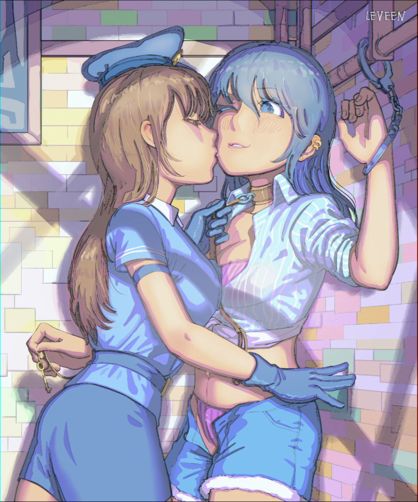 2girls arm_behind_back asymmetrical_docking belt blue_eyes blue_hair blue_shirt bra breast_press breasts brick_wall brown_hair cheek_kiss cleavage closed_eyes collar color_ink_(medium) cuffs earrings gloves handcuffs hat highres jewelry key keychain kiss leash leash_pull leveen long_hair midriff multiple_girls one_eye_closed open_clothes open_fly open_shirt original panties pink_bra pink_panties pipes police police_hat police_uniform restrained shirt string_panties striped striped_shirt symmetrical_docking theft tied_shirt underwear uniform vertical-striped_bra vertical-striped_panties vertical-striped_shirt vertical_stripes wall_slam window yuri