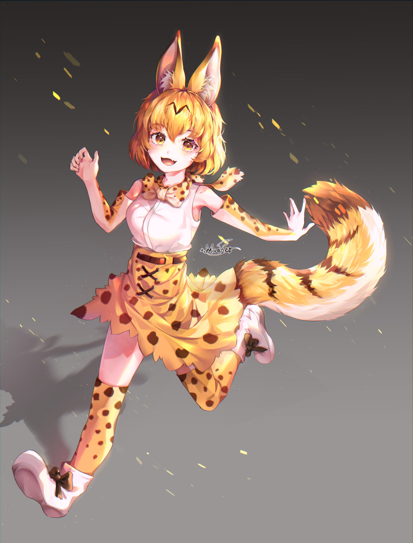 1girl absurdres animal_ears blush breasts brown_eyes elbow_gloves eyebrows_visible_through_hair full_body gloves highres kemono_friends looking_at_viewer medium_breasts mirage48291584 open_mouth orange_hair over-kneehighs serval_(kemono_friends) serval_ears serval_girl serval_tail short_hair skirt smile tail thighhighs