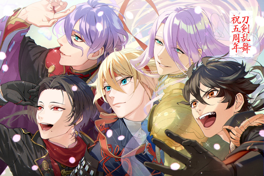 5boys armor black_gloves blonde_hair blue_eyes brown_hair collared_shirt earrings gloves hachisuka_kotetsu headband highres japanese_clothes jewelry kasen_kanesada kashuu_kiyomitsu kiwame_(touken_ranbu) male_focus mole mole_under_mouth multiple_boys mutsu-no-kami_yoshiyuki necktie open_mouth petals purple_hair red_eyes red_scarf scarf serota shirt smile touken_ranbu upper_body yamanbagiri_kunihiro yellow_eyes