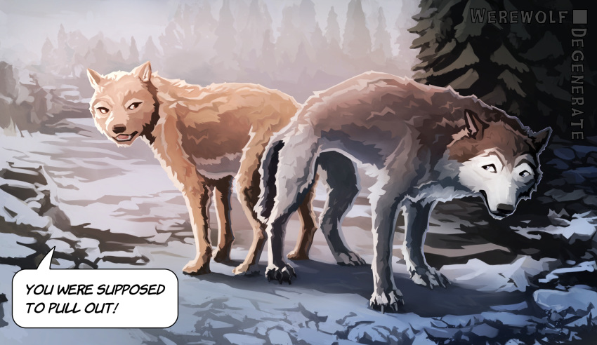 accidental_impregnation alpha_and_omega bound canid canine canis duo english_text female feral forest hi_res humphrey impregnation kate_(alpha_and_omega) knotting male male/female mammal outside sex snow text tree werewolfdegenerate winter wolf