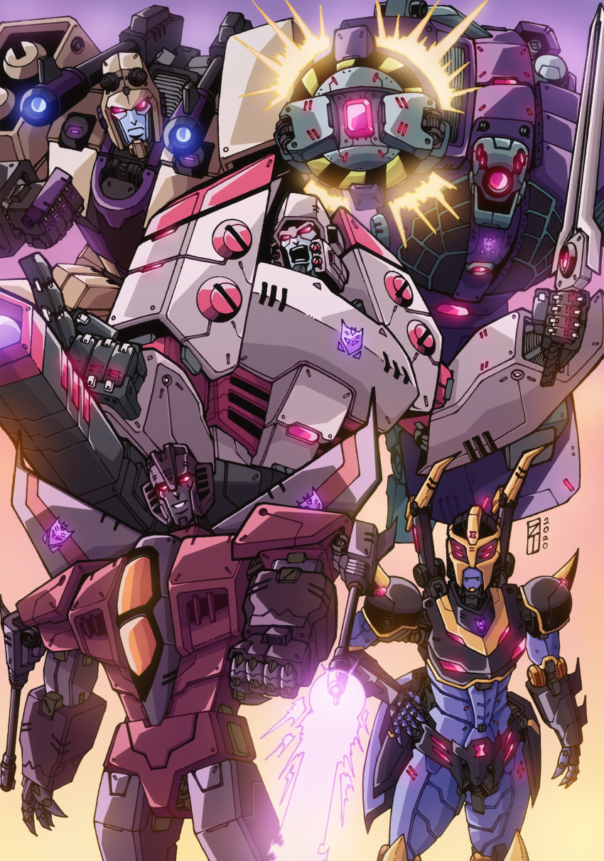 1girl 4boys absurdres arm_cannon blackarachnia blitzwing clenched_hands decepticon english_commentary extra_eyes glowing glowing_eyes highres holding holding_sword holding_weapon insignia lextodrawstuff lugnut mecha megatron multiple_boys no_humans open_hands open_mouth pointing red_eyes shoulder_cannon starscream sword transformers transformers_animated weapon