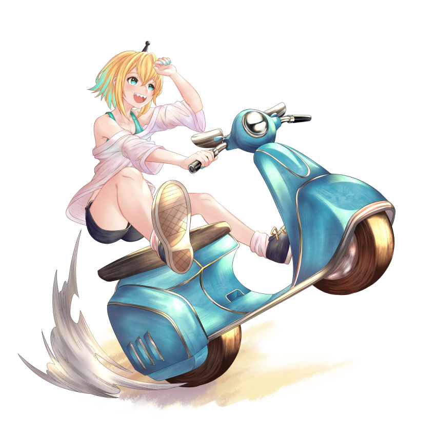 1girl :d absurdres amano_pikamee bangs bare_shoulders black_footwear black_hairband black_shorts blonde_hair dust english_commentary from_side full_body green_hair green_nails green_tank_top ground_vehicle hair_between_eyes hairband highres honkivampy looking_to_the_side motor_vehicle multicolored_hair off-shoulder_shirt off_shoulder open_mouth scooter see-through sharp_teeth shirt shorts simple_background smile soles solo tank_top teeth two-tone_hair virtual_youtuber voms wheelie white_background wide_sleeves