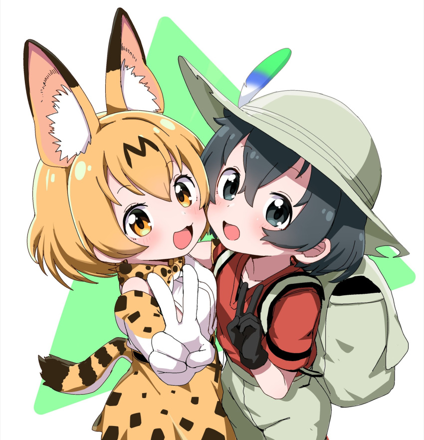 2girls :d animal_ear_fluff animal_ears backpack bag beige_headwear beige_shorts black_eyes black_gloves black_hair blonde_hair blush breasts collarbone commentary_request elbow_gloves flat_chest from_above gloves green_background hair_between_eyes hat highres kaban_(kemono_friends) kemono_friends looking_at_viewer medium_breasts multiple_girls nekonyan_(inaba31415) open_mouth orange_skirt red_shirt serval_(kemono_friends) serval_ears serval_print shirt short_hair simple_background skirt smile standing triangle two-tone_background upper_body v white_background white_shirt yellow_eyes yuri