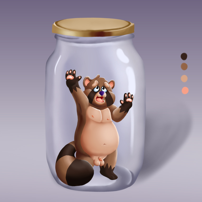 1:1 2020 absurd_res anthro balls belly biped bodily_fluids brown_body canid canine cum cum_jar digital_media_(artwork) flaccid fur genital_fluids genitals glass hair hi_res humanoid_genitalia jar lots_of_cum male mammal micro moobs navel nipples nude open_mouth overweight overweight_anthro overweight_male penis raccoon_dog siblu sibluself simple_background small_penis solo tanuki tongue