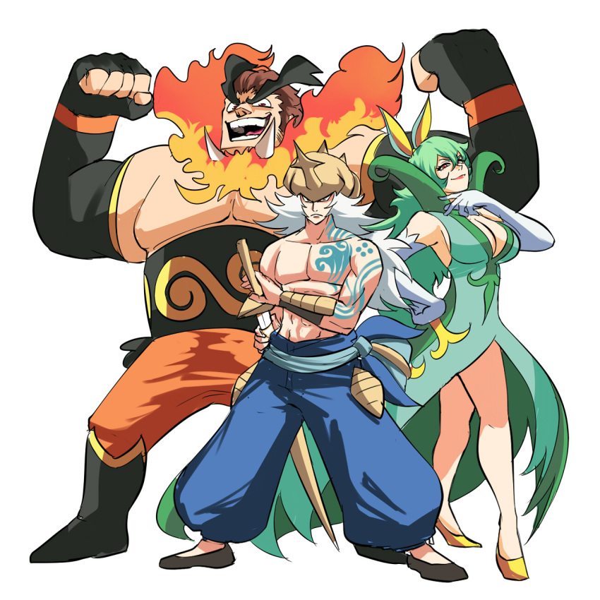 1girl 2boys animal_ears black_gloves breasts brown_hair cleavage dress elbow_gloves emboar fingerless_gloves flexing gen_5_pokemon gloves green_dress green_hair helmet highres holding holding_sword holding_weapon large_breasts long_hair looking_at_viewer looking_down multiple_boys multiple_girls muscle personification pokemon pokemon_(game) pokemon_bw pose red_eyes samurott serperior shirtless sword tina_fate very_long_hair weapon white_hair