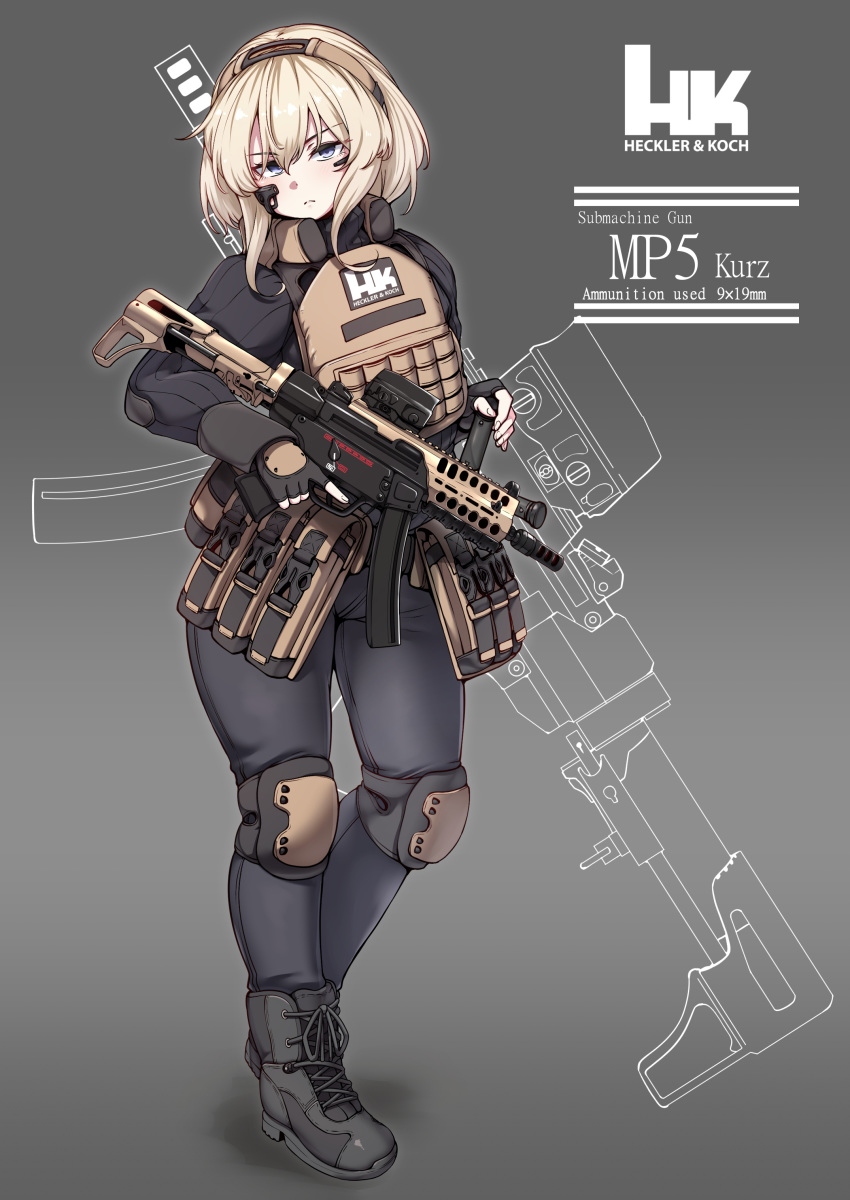 1girl absurdres black_footwear black_gloves black_pants blonde_hair blue_eyes boots bulletproof_vest combat_boots english_text fingerless_gloves full_body gloves gun h&amp;k_mp5k heckler_&amp;_koch highres knee_pads konoshige_(ryuun) load_bearing_vest long_hair long_sleeves original pants personification solo standing submachine_gun tactical_clothes weapon