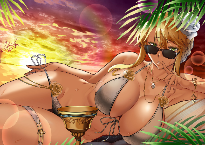 1girl absurdres artoria_pendragon_(all) artoria_pendragon_(lancer) bangs bare_shoulders bikini blonde_hair braid breasts chalice cleavage collarbone fate/grand_order fate_(series) flower french_braid gradient_sky green_eyes grey_bikini hair_between_eyes hair_flower hair_ornament highres jewelry large_breasts lens_flare long_hair looking_at_viewer love-saber lying necklace on_side orange_sky parted_lips sidelocks sky sunglasses sunset swimsuit thighs twilight wet