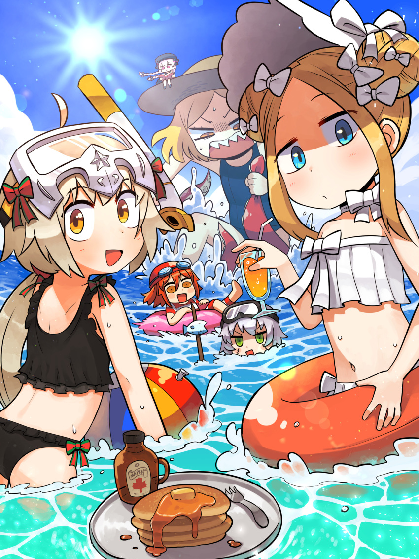 6+girls :d abigail_williams_(swimsuit_foreigner)_(fate) absurdres ahoge ball bangs beachball bendy_straw beret bikini black_bikini black_bow black_headwear blonde_hair blue_eyes blue_sky blue_swimsuit bonnet book bow bow_choker braid brown_headwear butter choker cloud commentary_request cup day double_bun drink drinking_glass drinking_straw eyebrows_visible_through_hair fate/grand_order fate_(series) fish flat_chest floating_hair food fork fujimaru_ritsuka_(female) giantess goggles goggles_on_head green_eyes hair_between_eyes hair_bow hat highres holding holding_book holding_cup innertube jack_the_ripper_(fate/apocrypha) jeanne_d'arc_(fate)_(all) jeanne_d'arc_alter_santa_lily korean_commentary lakilolom lens_flare long_hair looking_at_viewer looking_down low_ponytail multiple_girls navel nursery_rhyme_(fate/extra) ocean one-piece_swimsuit open_book open_mouth orange_eyes orange_hair outdoors pancake parted_bangs paul_bunyan_(fate/grand_order) pink_eyes pink_innertube red_bow red_headwear red_innertube saucer scar scar_on_cheek scar_on_face sharp_teeth short_hair silver_hair sitting sky smile snorkel stack_of_pancakes stitches striped striped_swimsuit suction_cups sun swim_cap swimsuit syrup teeth tentacles twin_braids wading water wet white_bikini white_bow white_choker white_hair
