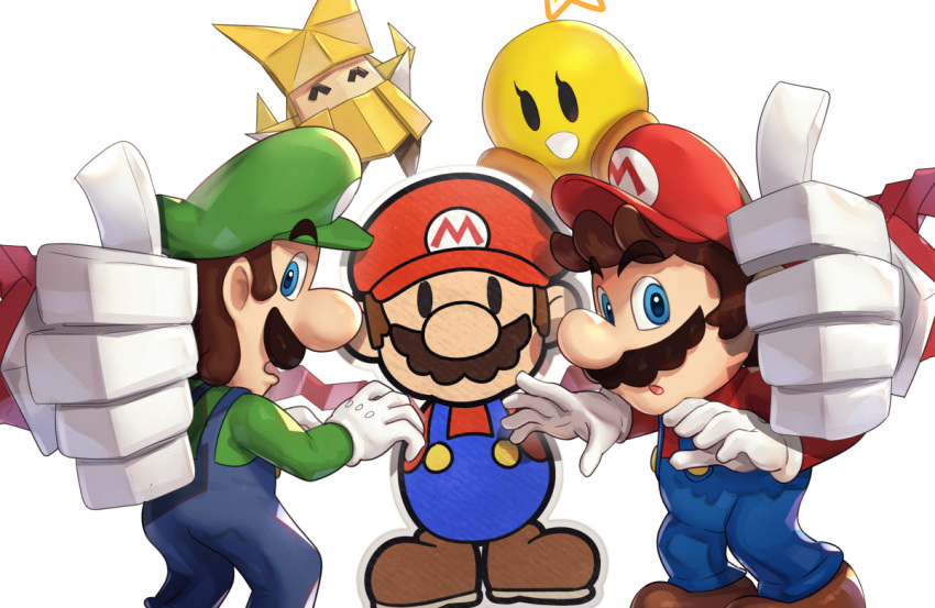 3boys :d ^_^ blue_eyes blue_overalls brothers brown_footwear brown_hair closed_eyes commentary_request dual_persona eyebrows_visible_through_hair facial_hair from_behind gloves gonzarez green_headwear green_shirt hat long_sleeves looking_at_viewer looking_back luigi mario mario_&amp;_luigi_rpg mario_(series) multiple_boys mustache olivia_(paper_mario) open_mouth outstretched_arms overalls paper_mario paper_mario:_the_origami_king red_headwear red_shirt shirt shoes short_hair siblings simple_background smile standing starlow thick_eyebrows thumbs_up white_background white_gloves