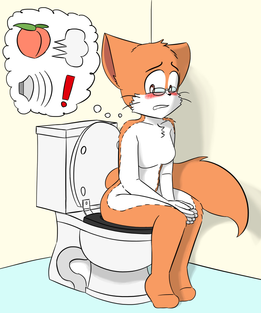 absurd_res anthro bathroom bittersweet_candy_bowl blush breasts domestic_cat emoji eyewear felid feline felis female fur glasses hi_res implied_fart implied_scat mammal nervous notmypornaccount nude roxy_(bcb) simple_background sitting solo teenager toilet toilet_use webcomic young