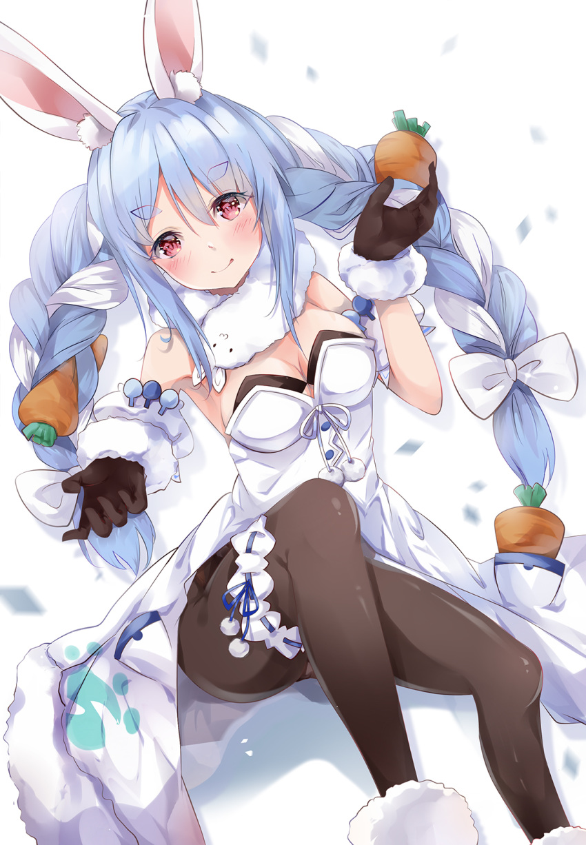 1girl animal_ear_fluff animal_ears bangs bare_shoulders black_gloves black_leotard blue_hair blush bow braid breasts brown_legwear bunny_ears carrot_hair_ornament cleavage closed_mouth detached_sleeves dress eyebrows_visible_through_hair feet_out_of_frame food_themed_hair_ornament fur-trimmed_dress fur-trimmed_gloves fur_trim gloves hair_between_eyes hair_bow hair_ornament hand_up highres hololive leotard long_hair looking_at_viewer medium_breasts multicolored_hair mutang pantyhose puffy_short_sleeves puffy_sleeves red_eyes shadow short_eyebrows short_sleeves sitting smile solo strapless strapless_dress strapless_leotard thick_eyebrows twin_braids twintails two-tone_hair usada_pekora very_long_hair virtual_youtuber white_background white_bow white_dress white_hair white_sleeves