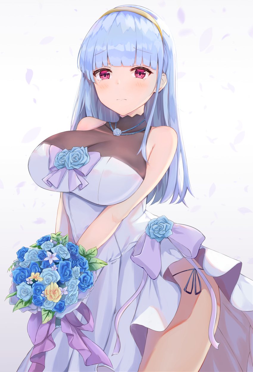 1girl absurdres azur_lane bangs bare_shoulders blue_flower blue_rose blunt_bangs blush bouquet breasts cleavage closed_mouth commentary_request contrapposto cowboy_shot dido_(azur_lane) dress eyebrows_visible_through_hair flower furrowed_eyebrows highres holding holding_bouquet huge_filesize jewelry kanno_esuto large_breasts light_blue_hair long_hair looking_at_viewer necklace panties petals pink_eyes rose side-tie_panties simple_background sleeveless sleeveless_dress solo standing underwear white_background white_dress