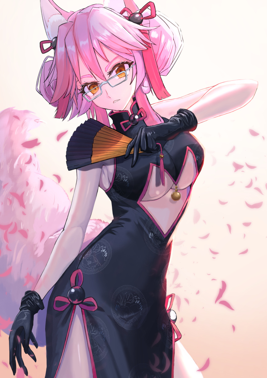 1girl animal_ear_fluff animal_ears bangs black_dress black_gloves bow breasts china_dress chinese_clothes clothing_cutout commentary contrapposto cowboy_shot double_bun dress falling_petals fan fate/grand_order fate_(series) folding_fan fox_cutout fox_ears fox_girl fox_tail glasses gloves hair_between_eyes hair_bow hair_ribbon hair_up highres holding holding_fan koyanskaya large_breasts looking_at_viewer parted_lips petals pink_hair pink_tail ribbon side_slit sidelocks silver-framed_eyewear sleeveless sleeveless_dress solo tail tassel underboob underboob_cutout yellow_eyes yuki-sky